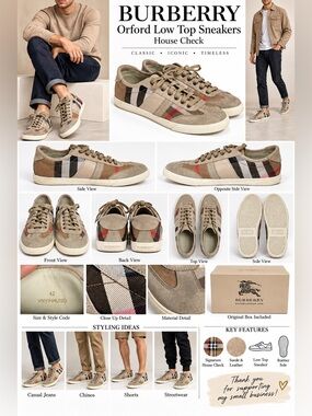 Burberry Orford House Check Low Top Sneakers Suede Leather Beige EU 42 UK 8